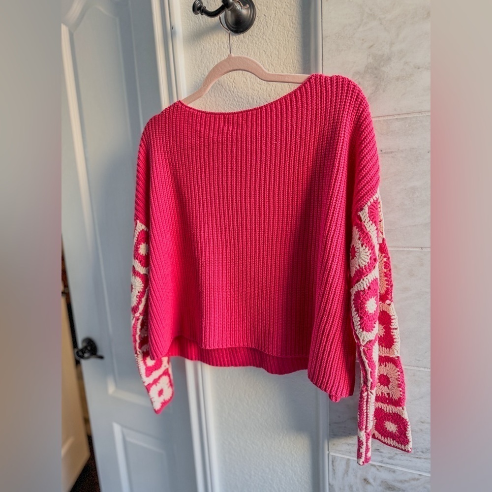 Pink Lily Fuchsia Crewneck Sweater with Crochet-Pattern Balloon Sleeves - Picture 12 of 16